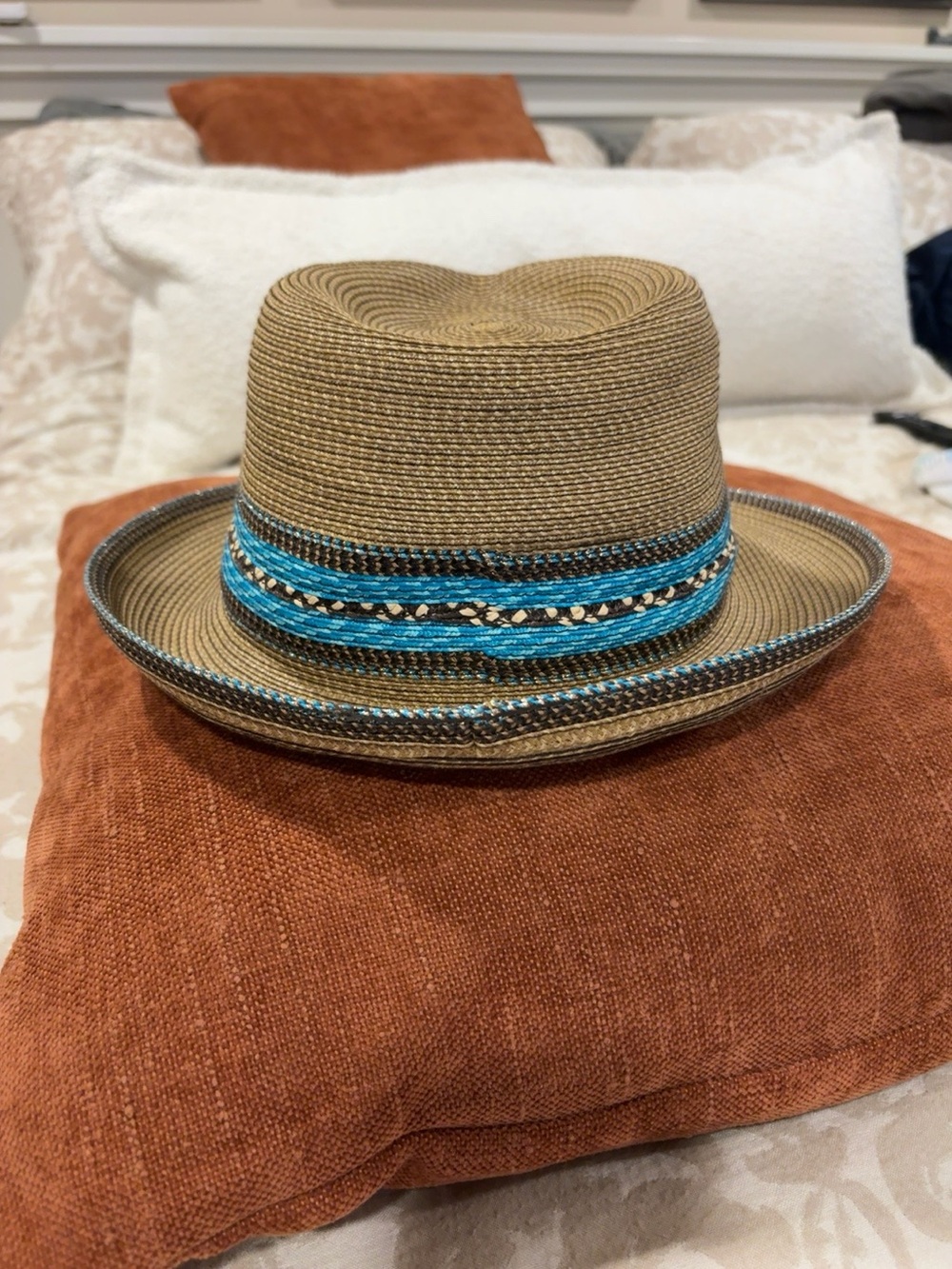 Eric Javits New York Woven Fedora Hat Brown Turquoise Packable - Picture 5 of 10